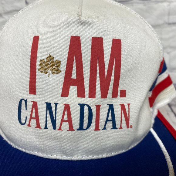 I Am Canadian Trucker Hat Mesh Snapback Red White Blue 3 Stripes Molson Brewery - Picture 6 of 8